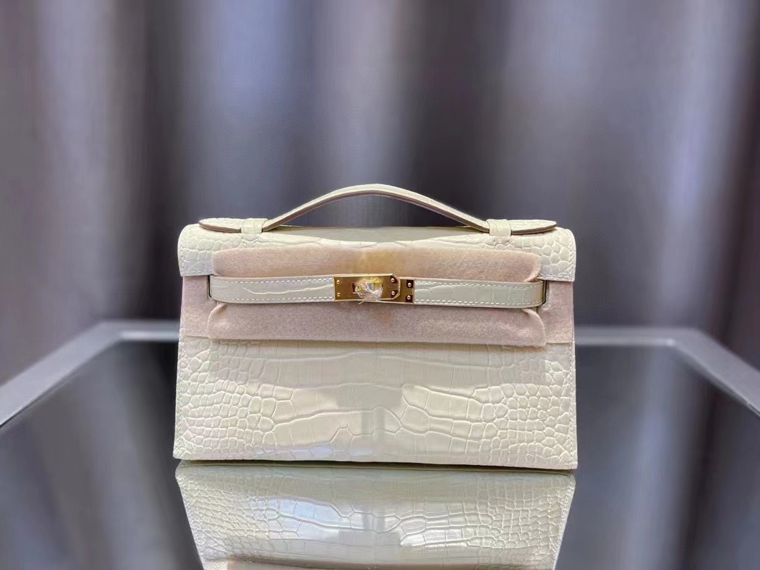 에르메스 켈리 포쉐트 화이트 금장 악어가죽